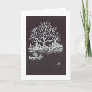 White on Black Winter Landscape Drawing Holiday Card