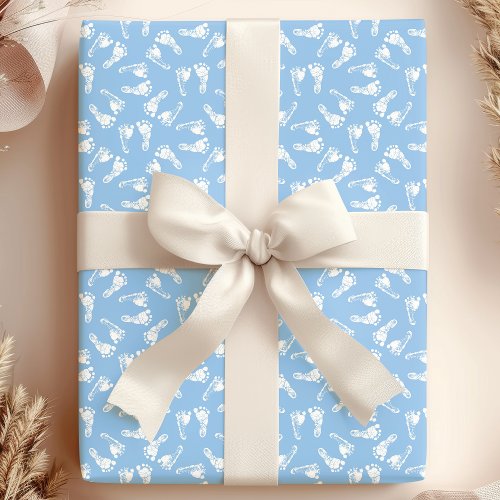 White On Blue Baby Feet Footprints Baby Shower Wrapping Paper
