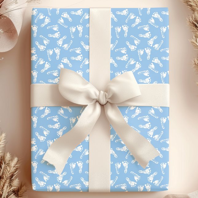 White On Blue Baby Feet Footprints Baby Shower Wrapping Paper (Creator Uploaded)