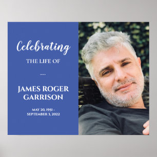 White On Blue Celebration of Life Memorial Photo Poster