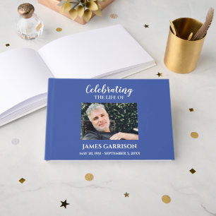 White on Blue Celebration of Life With Photo Guest Book