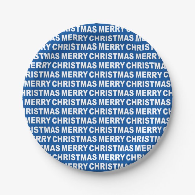 White on Blue Christmas Typography Paper Plates (Front)