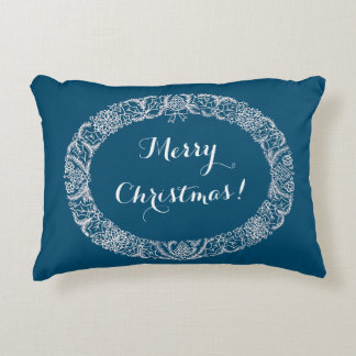 White on Blue Christmas Wreath to Customize Decorative Pillow