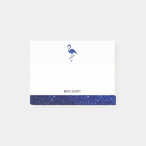 White on Blue Faux Glitter Flamingo  Border Name Post_it Notes