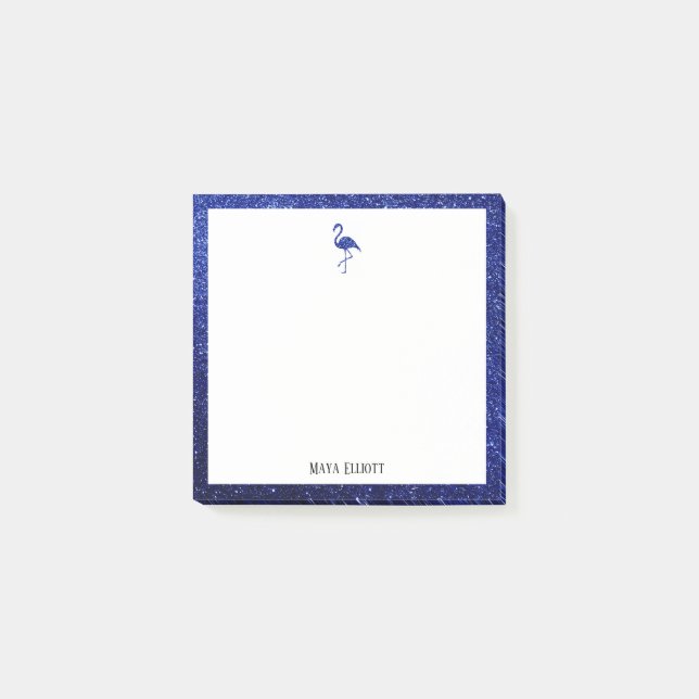 White on Blue Faux Glitter Flamingo & Border, Name Post-it Notes (Front)