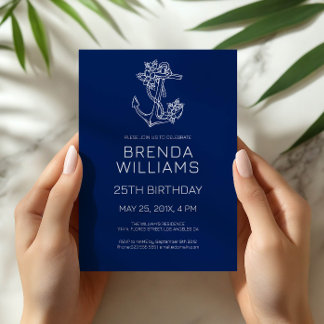 White on Blue Floral Blue Anchor Birthday Party Invitation