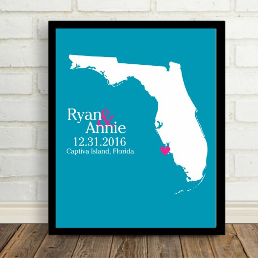 White on Blue, Florida State Map 8.5"x11" Print (Varying Colors)