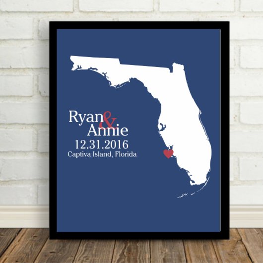 White on Blue, Florida State Map 8.5"x11" Print (Front)