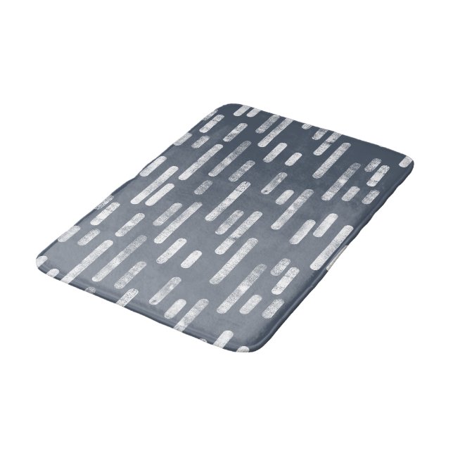 White on Blue Gray Rounded Lines Pattern Bath Mat (Angled)