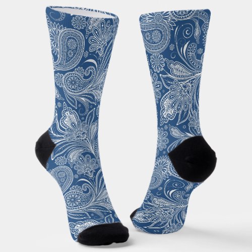 White on Blue Islamic Motive Paisley Pattern Socks