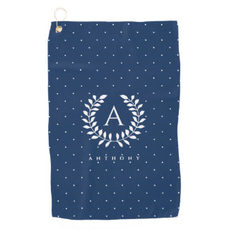 White On Blue Laurel Monogram Polka Dot Pattern Golf Towel