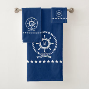 White On Blue Nautical Boat Wheel Knot Monogram Bath Towel Set