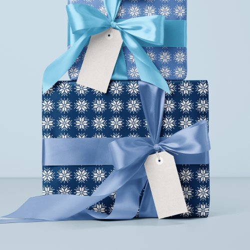 White on Blue Nordic Sweater Snowflake Pattern Wrapping Paper