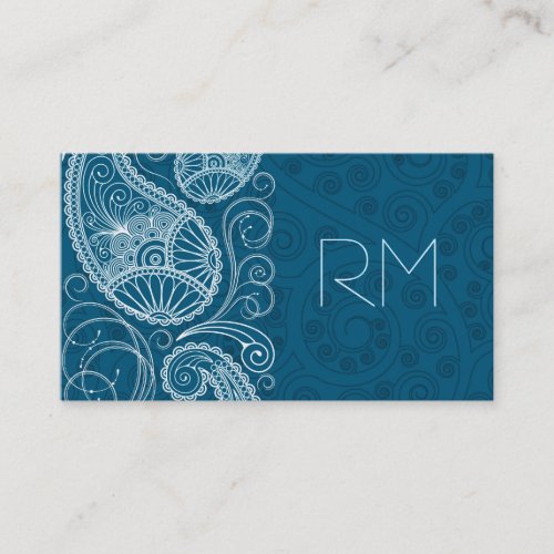 White On Blue Retro Paisley Pattern Design Business Card