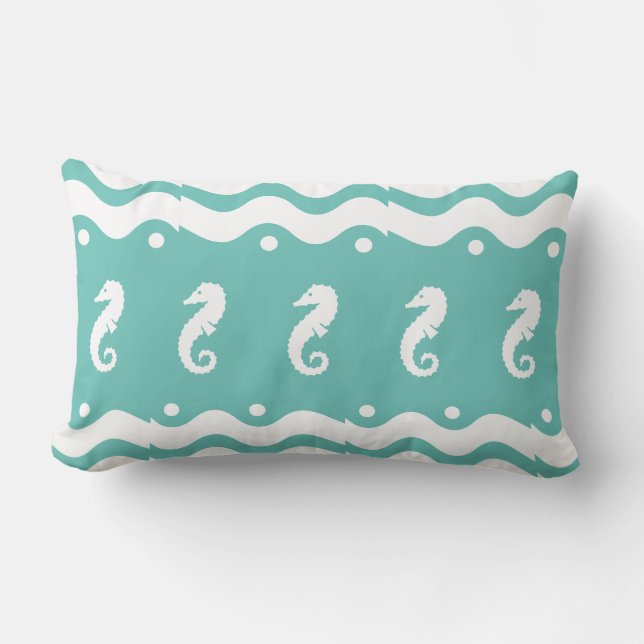 white on blue SEA HORSE   coastal living Lumbar Pillow (Front)