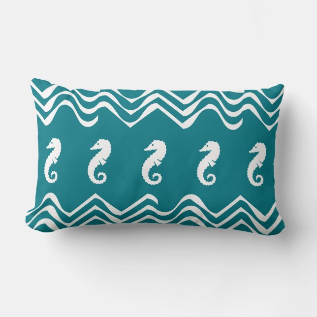 white on blue SEA HORSE   coastal living Lumbar Pillow (Front)