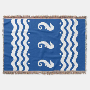 WHITE on BLUE SEA HORSE coastal living Throw Blanket