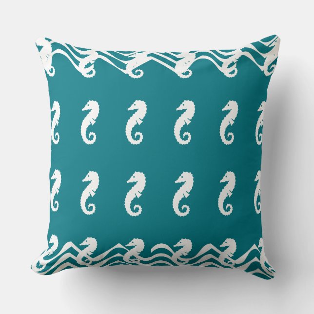 white on blue SEA HORSE   coastal living Throw Pillow (Front)