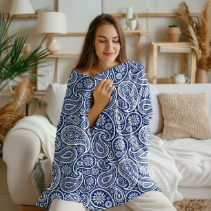 White on blue vintage paisley pattern fleece blanket