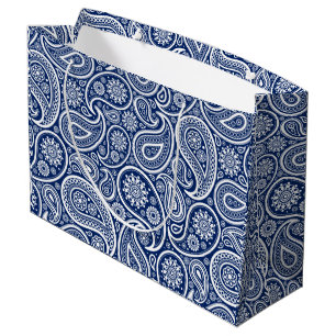 White on blue vintage paisley pattern large gift bag
