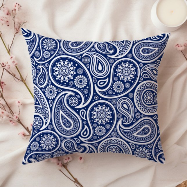White on blue vintage paisley pattern throw pillow (Creator Uploaded)