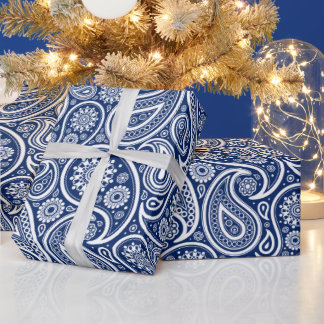 White on blue vintage paisley pattern wrapping paper