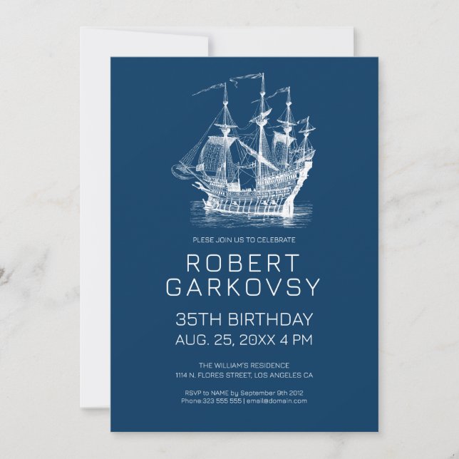 White on Blue Vintage Wind Sailing Boat Invitation (Front)