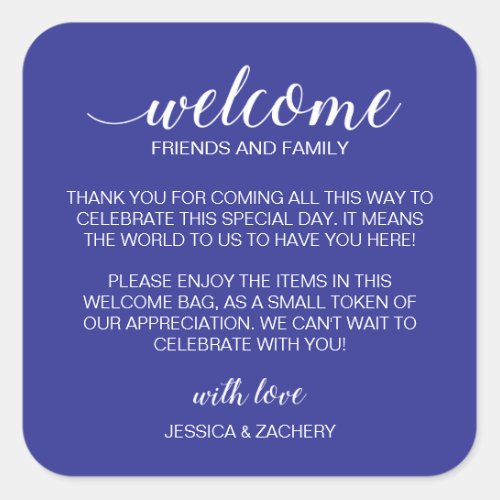 White on Blue Wedding Welcome Gift Bag Basket Square Sticker