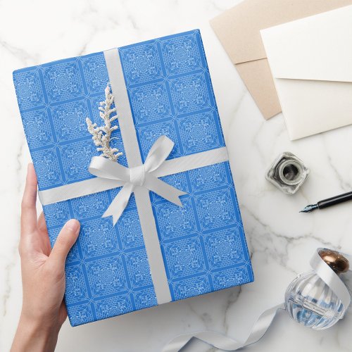 White on Clear Blue Crochet Chart Wrapping Paper