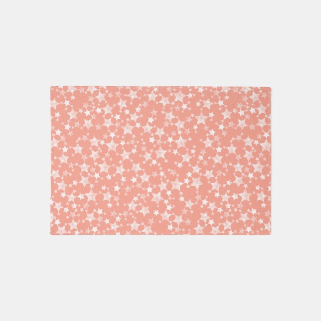 White on Coral | Lino Print Stars Pattern Rug (Front)