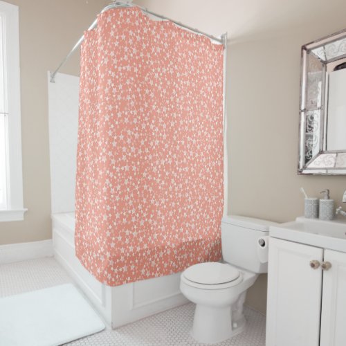 White on Coral  Lino Print Stars Pattern Shower Curtain