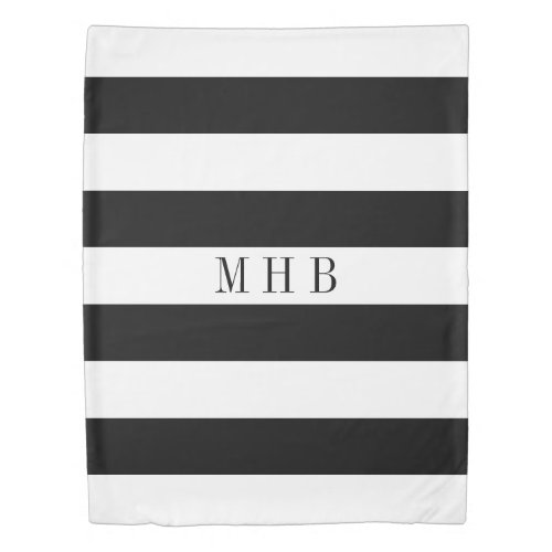 White on Custom Color Stripe Monogram Black Duvet Cover