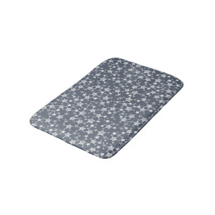 White on Dark Blue-Gray Lino Print Stars Pattern Bath Mat