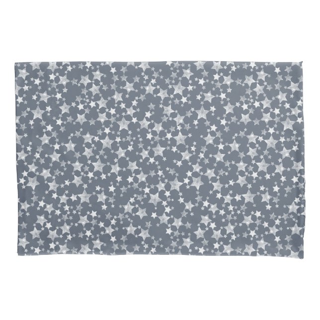 White on Dark Blue-Gray | Lino Print Stars Pattern Pillow Case (Front-Left)