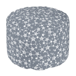 White on Dark Blue-Gray Lino Print Stars Pattern Pouf