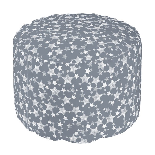 White on Dark Blue-Gray | Lino Print Stars Pattern Pouf (Angled Back)