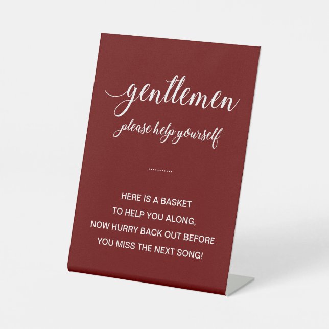 White On Dark Red Men's Bathroom Basket Wedding Pedestal Sign (Front)