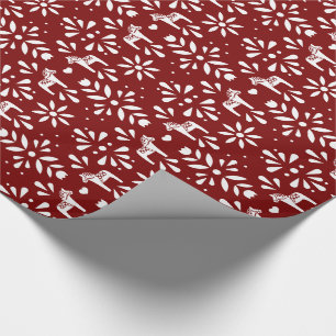 White on Dark Red Swedish Dala Horse Christmas Wrapping Paper