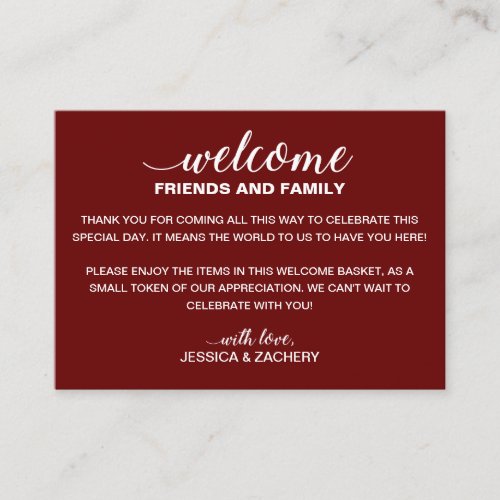 White On Dark Red Wedding Welcome Gift Bag Basket Place Card