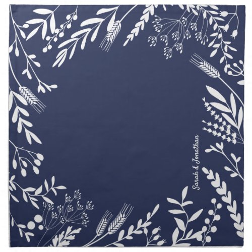 White on Deep Blue Modern Quirky Floral Cloth Napkin