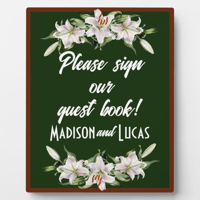 White on Deep Green Calla Lilies Guest Book Plaque (Front)