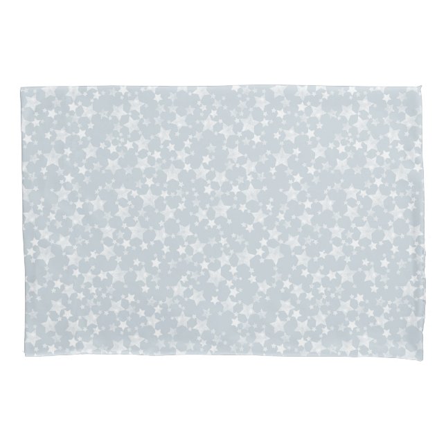 White on Dusty Blue | Lino Print Stars Pattern Pillow Case (Front-Left)