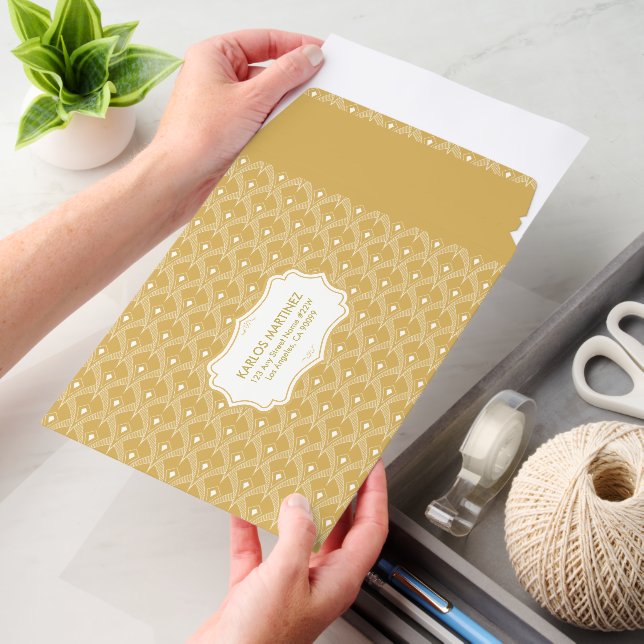 White on Gold Art Deco Pattern Envelope Mailers (Desk)