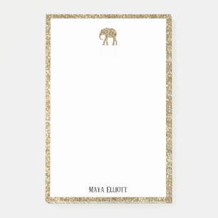 White on Gold Faux Glitter Elephant & Border, Name Post-it Notes