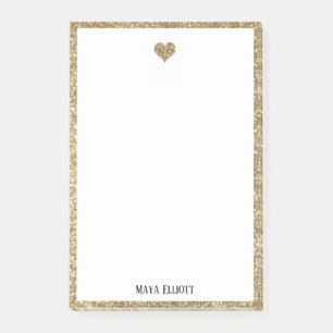 White on Gold Faux Glitter Heart & Border Post-it Notes
