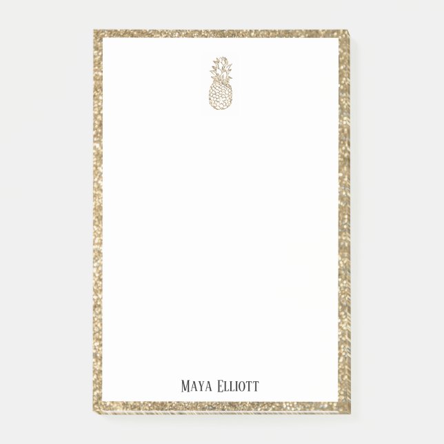 White on Gold Faux Glitter Pineapple & Border Post-it Notes (Front)
