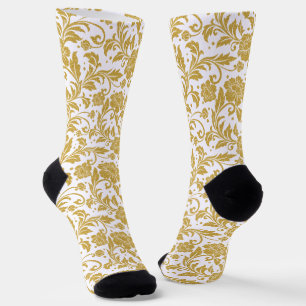 White on Gold Vintage Floral Damask Pattern Socks