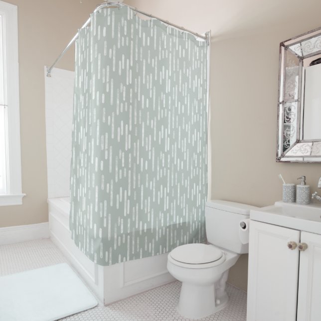 White on Gray Green Inky Rounded Lines Pattern Shower Curtain (In Situ)