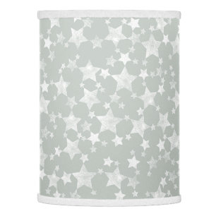 White on Gray-Green   Lino Print Stars Pattern Lamp Shade