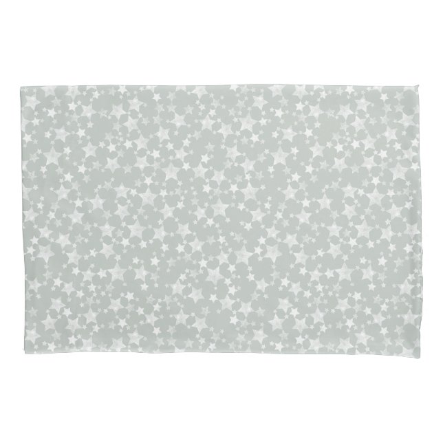 White on Gray-Green | Lino Print Stars Pattern Pillow Case (Front-Left)